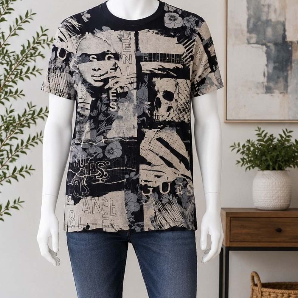 Guess Mens T-Shirt Navy Blue Skull Floral Graphic Collage Small